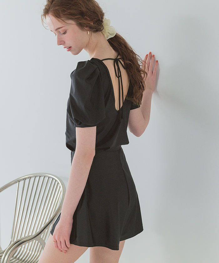 シードレス　バックオープン　水着　ブラック　新品 バックオープンパフスリーブオールインワン/水着【SEADRESS