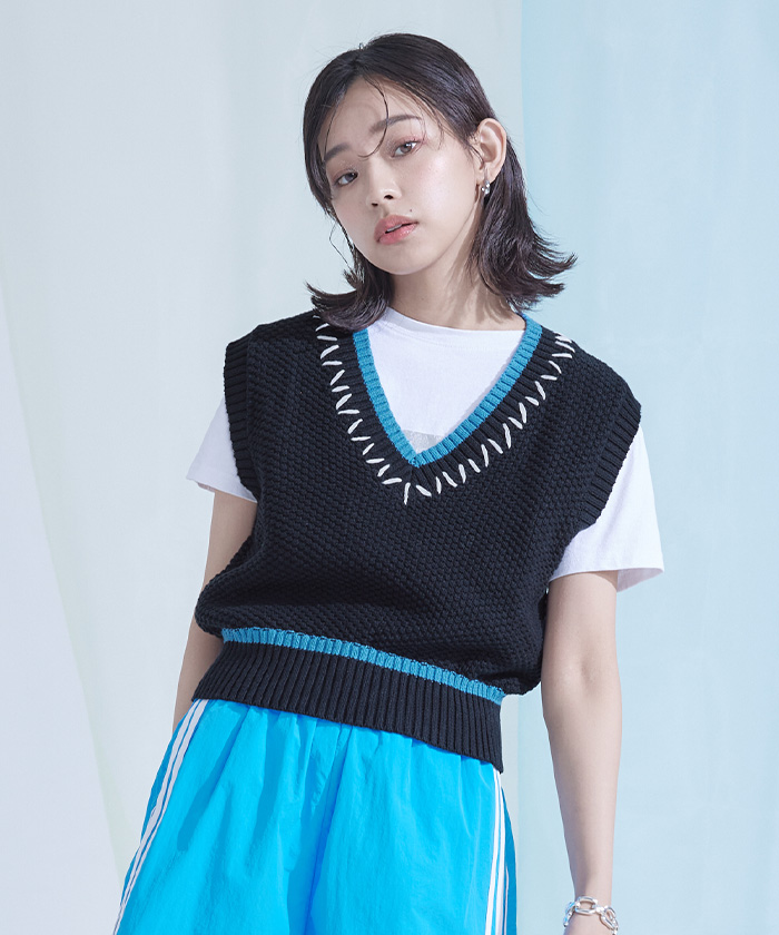 配色ステッチVネックベスト【miette ミエット】 | titivate