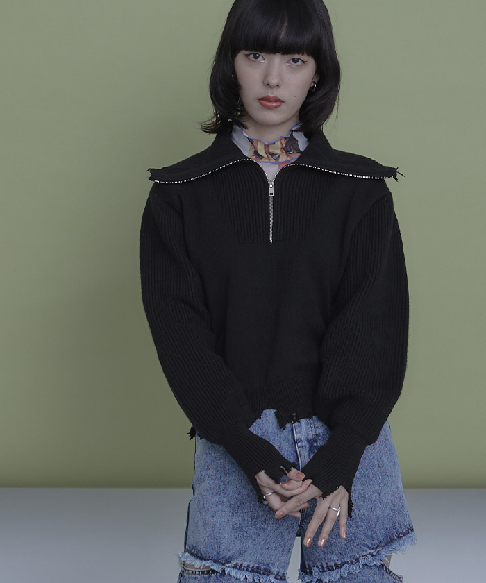 ハーフジップダメージニットプルオーバー【miette ミエット】 | titivate