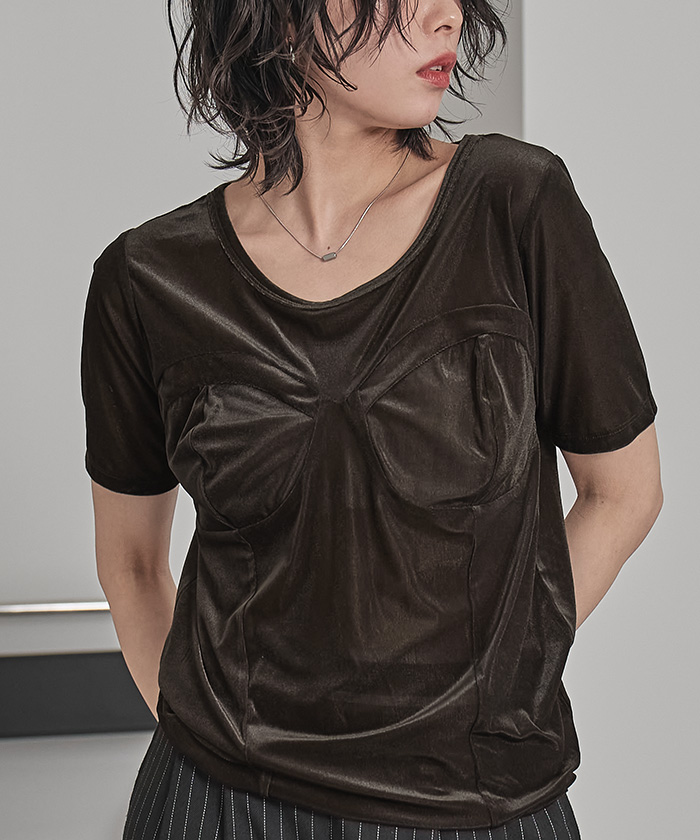 ビスチェデザインシアーベロア半袖トップス【miette ミエット