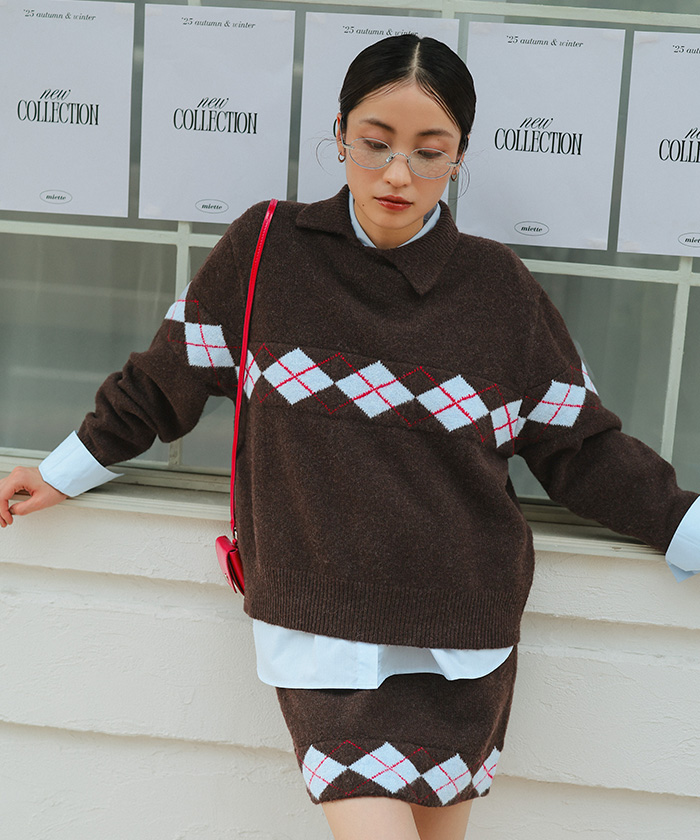 アーガイルアシンメトリーカラーニット【miette ミエット】 | titivate
