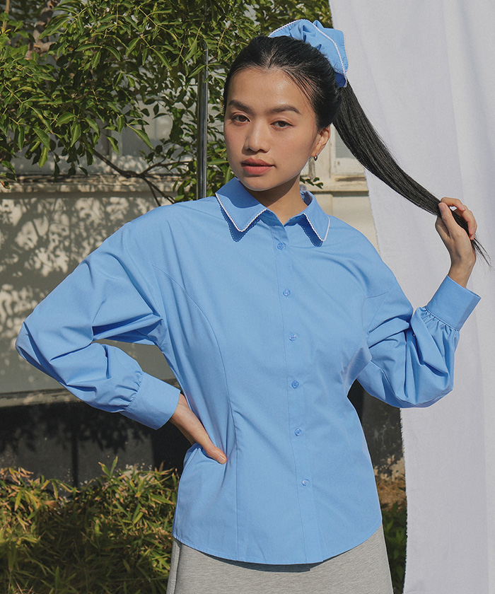 Maika'i Lanui. 水色 長袖シャツ レディース Mサイズ シュシュセットパネルラインブラウス【miette ミエット】【メール便可