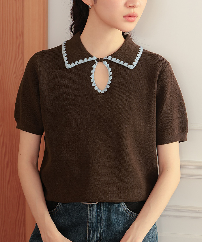 AE ♡ ニット 配色ステッチ涙あきポロニット【miette ミエット】【メール便可／100